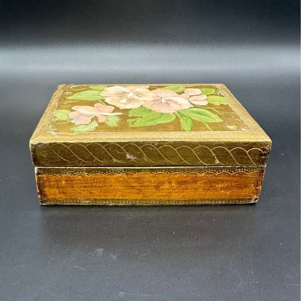 Vintage Italian Hand Painted Wood Jewelry Trinket Box Pink Flowers Gold Stash - Picture 2 of 10